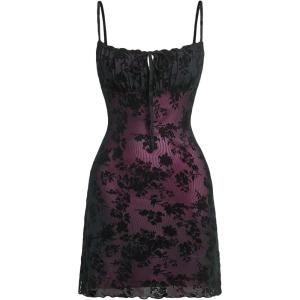 imageVerdusa Womens Floral Print Mesh Tie Front Square Neck Bodycon Cami DressPink Black