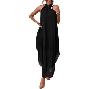 imageVerdusa Womens Flowy Halter Neck Sleeveless Asymmetrical Hem Maxi Long DressBlack