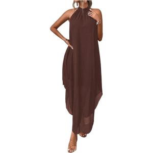 imageVerdusa Womens Flowy Halter Neck Sleeveless Asymmetrical Hem Maxi Long DressBrown