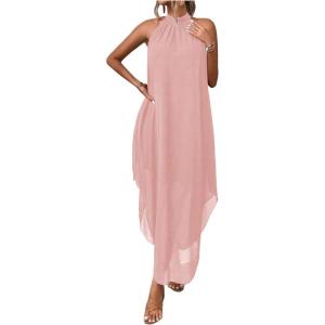 imageVerdusa Womens Flowy Halter Neck Sleeveless Asymmetrical Hem Maxi Long DressLight Pink