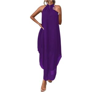 imageVerdusa Womens Flowy Halter Neck Sleeveless Asymmetrical Hem Maxi Long DressPurple