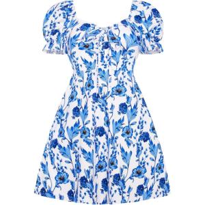 imageVerdusa Womens Milkmaid Dresses Floral Puff Short Sleeve Ruched A Line V Neck Ruffle Mini Short DressBlue White