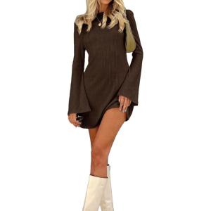 imageVerdusa Womens Backless Round Neck Flare Long Sleeve Tie Back Knitted Mini DressBrown