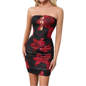 imageVerdusa Womens Summer Tie Dye Cut Out Strapless Dress Ruched Bodycon Tube DressesBlack and Pink