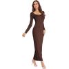 imageVerdusa Womens Long Sleeve Square Neck Bodycon Maxi Long DressCoffee Brown