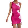 imageVerdusa Womens Color Block Drawstring Ruched Ribbed Mini Tank Bodycon DressMulti Pink