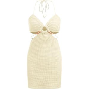 imageVerdusa Womens Casual Sleeveless Tie Backless Cut Out V Neck Bodycon Halter Mini Beach Boho DressBeige
