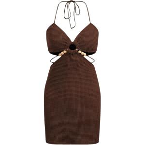 imageVerdusa Womens Casual Sleeveless Tie Backless Cut Out V Neck Bodycon Halter Mini Beach Boho DressCoffee Brown