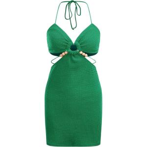 imageVerdusa Womens Casual Sleeveless Tie Backless Cut Out V Neck Bodycon Halter Mini Beach Boho DressGreen