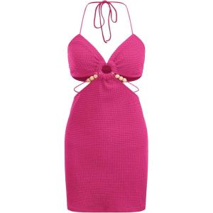 imageVerdusa Womens Casual Sleeveless Tie Backless Cut Out V Neck Bodycon Halter Mini Beach Boho DressHot Pink