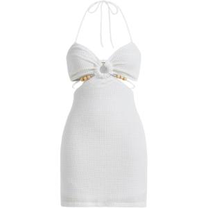 imageVerdusa Womens Casual Sleeveless Tie Backless Cut Out V Neck Bodycon Halter Mini Beach Boho DressWhite