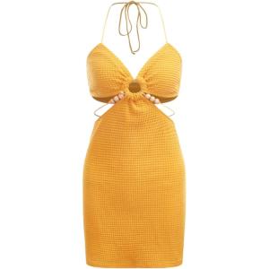 imageVerdusa Womens Casual Sleeveless Tie Backless Cut Out V Neck Bodycon Halter Mini Beach Boho DressYellow