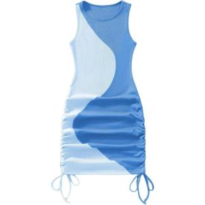 imageVerdusa Womens Color Block Drawstring Ruched Ribbed Mini Tank Bodycon DressBlue
