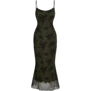 imageVerdusa Womens Floral Print Mesh Lettuce Trim Sleeveless Bodycon Long Cami DressArmy Green