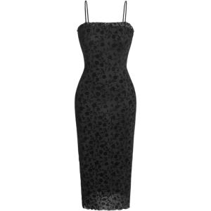 imageVerdusa Womens Floral Print Mesh Lettuce Trim Sleeveless Bodycon Long Cami DressBlack
