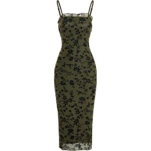 imageVerdusa Womens Floral Print Mesh Lettuce Trim Sleeveless Bodycon Long Cami DressGreen Floral