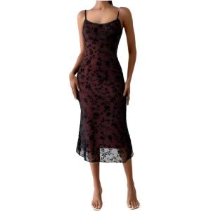 imageVerdusa Womens Floral Print Mesh Lettuce Trim Sleeveless Bodycon Long Cami DressRed
