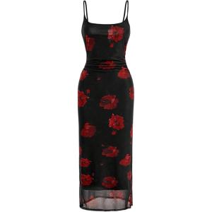 imageVerdusa Womens Floral Print Mesh Lettuce Trim Sleeveless Bodycon Long Cami DressRed Floral