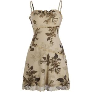 imageVerdusa Womens Lettuce Trim Floral Print Mesh Sleeveless A Line Short Cami DressBeige