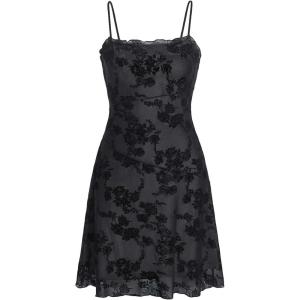imageVerdusa Womens Lettuce Trim Floral Print Mesh Sleeveless A Line Short Cami DressBlack Multi