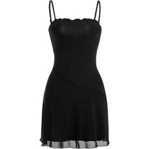 imageVerdusa Womens Lettuce Trim Floral Print Mesh Sleeveless A Line Short Cami DressBlack Solid
