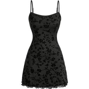 imageVerdusa Womens Lettuce Trim Floral Print Mesh Sleeveless A Line Short Cami DressDark Black