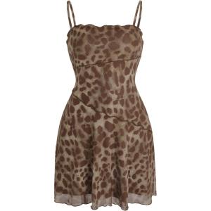 imageVerdusa Womens Lettuce Trim Floral Print Mesh Sleeveless A Line Short Cami DressDark Brown