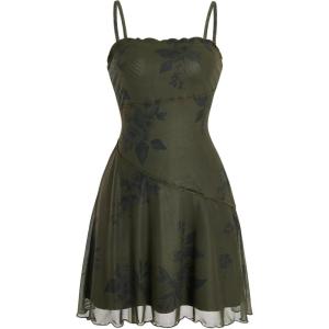 imageVerdusa Womens Lettuce Trim Floral Print Mesh Sleeveless A Line Short Cami DressDark Green