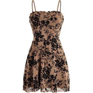imageVerdusa Womens Lettuce Trim Floral Print Mesh Sleeveless A Line Short Cami DressKhaki