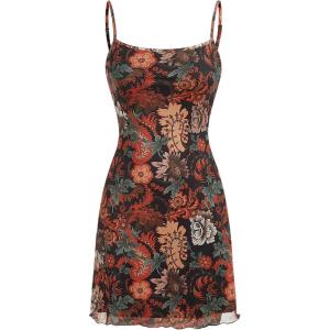 imageVerdusa Womens Lettuce Trim Floral Print Mesh Sleeveless A Line Short Cami DressRed