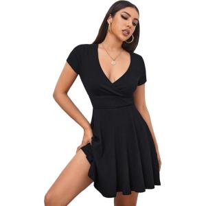 imageVerdusa Womens Surplice Neck Short Sleeve Mini Wrap A Line Fit and Flare DressBlack