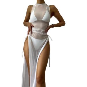 imageVerdusa Womens Swimsuit Mesh Cover Up High Split Drawstring Bikini Long DressWhite Mesh