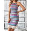 imageVerdusa Womens Sleeveless Halter Neck Striped Chevron Print Fringe Hem Boho Cami Mini DressBlue