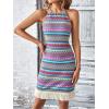 imageVerdusa Womens Sleeveless Halter Neck Striped Chevron Print Fringe Hem Boho Cami Mini DressBlue