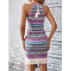 imageVerdusa Womens Sleeveless Halter Neck Striped Chevron Print Fringe Hem Boho Cami Mini DressBlue