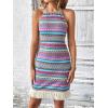 imageVerdusa Womens Sleeveless Halter Neck Striped Chevron Print Fringe Hem Boho Cami Mini DressBlue