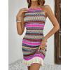 imageVerdusa Womens Sleeveless Halter Neck Striped Chevron Print Fringe Hem Boho Cami Mini DressBrown