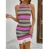 imageVerdusa Womens Sleeveless Halter Neck Striped Chevron Print Fringe Hem Boho Cami Mini DressBrown