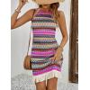 imageVerdusa Womens Sleeveless Halter Neck Striped Chevron Print Fringe Hem Boho Cami Mini DressBrown