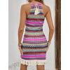 imageVerdusa Womens Sleeveless Halter Neck Striped Chevron Print Fringe Hem Boho Cami Mini DressBrown