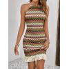 imageVerdusa Womens Sleeveless Halter Neck Striped Chevron Print Fringe Hem Boho Cami Mini DressGreen