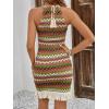 imageVerdusa Womens Sleeveless Halter Neck Striped Chevron Print Fringe Hem Boho Cami Mini DressGreen