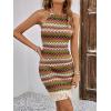 imageVerdusa Womens Sleeveless Halter Neck Striped Chevron Print Fringe Hem Boho Cami Mini DressGreen