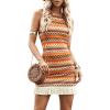 imageVerdusa Womens Sleeveless Halter Neck Striped Chevron Print Fringe Hem Boho Cami Mini DressMulticolor