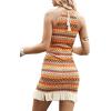 imageVerdusa Womens Sleeveless Halter Neck Striped Chevron Print Fringe Hem Boho Cami Mini DressMulticolor