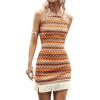 imageVerdusa Womens Sleeveless Halter Neck Striped Chevron Print Fringe Hem Boho Cami Mini DressMulticolor