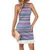 imageVerdusa Womens Sleeveless Halter Neck Striped Chevron Print Fringe Hem Boho Cami Mini DressBlue