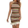 imageVerdusa Womens Sleeveless Halter Neck Striped Chevron Print Fringe Hem Boho Cami Mini DressGreen