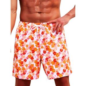 imageVerdusa Mens Floral Print Drawstring Elastic Waist Swim Trunks Summer Beach ShortsFloral Orange