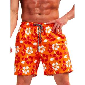 imageVerdusa Mens Floral Print Drawstring Elastic Waist Swim Trunks Summer Beach ShortsOrange